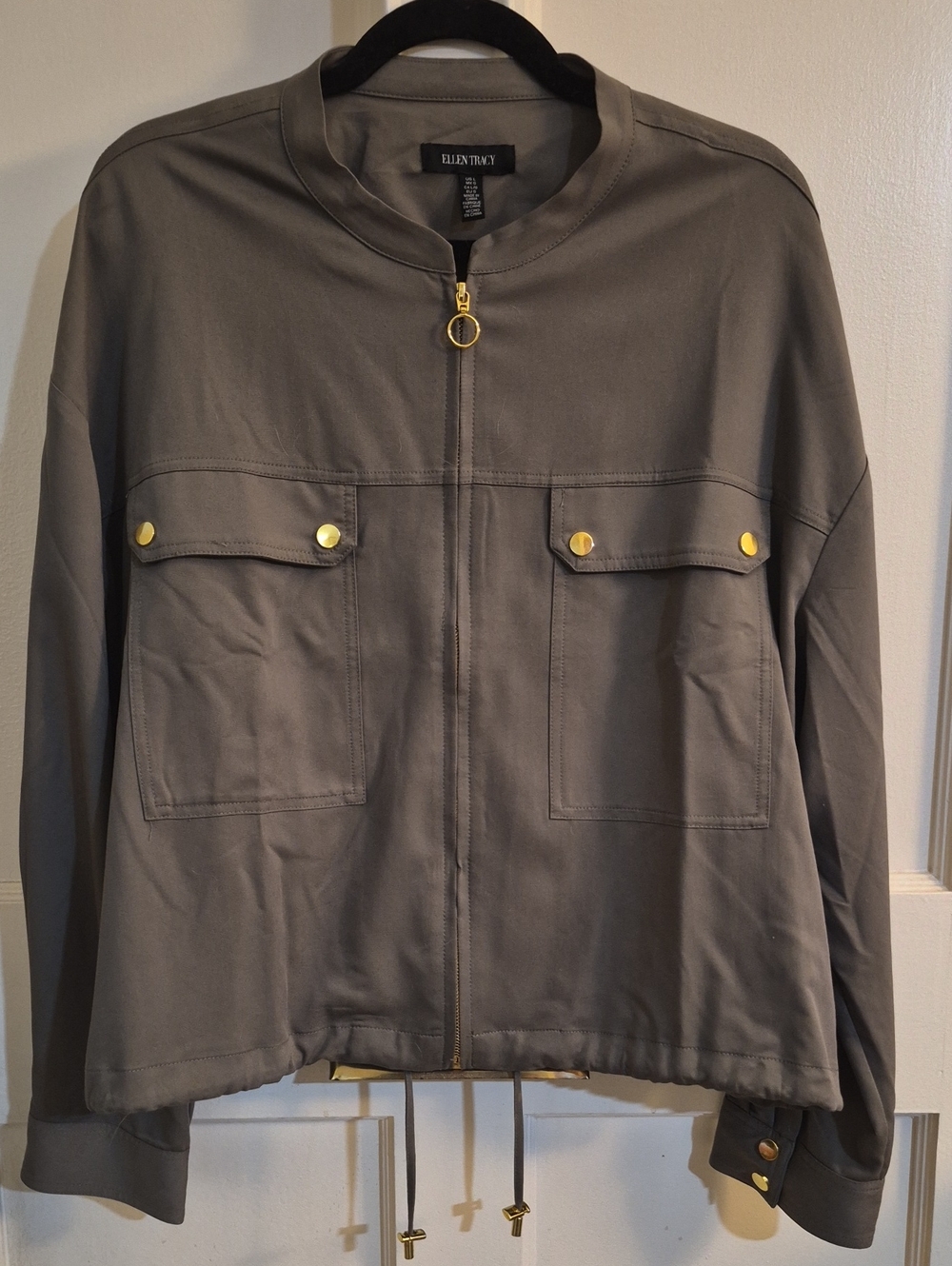 Ellen Tracy Olive Green Bomver Zip Up Jacket with Gold Hardware